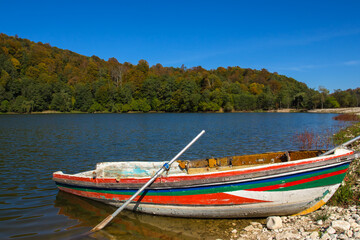 Fototapeta na wymiar Old multicolored boat with oars on the lake against the background of the autumn forest.