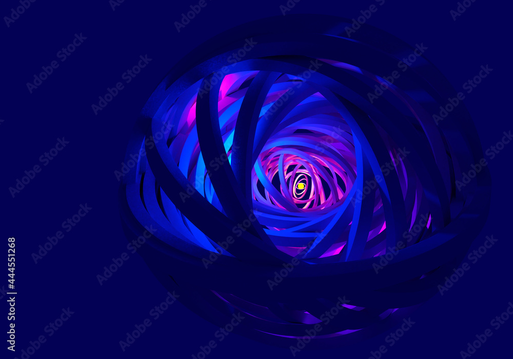 Poster abstraction with ball of stripes. abstract geometry. ball glows from within. dark blue sphere with b