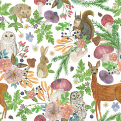 Watercolor painting seamless pattern with woodland animals: hedgehog, deer, owl, bunny, squirrel