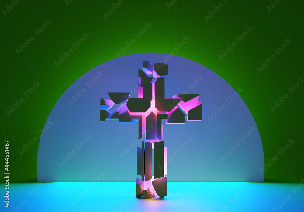 Poster an abstraction with a cross. abstract geometry. the cross is falling apart. the light inside the cro