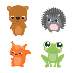Cartoon forest animal characters. Wild cartoon animals collections vector. Bear, hedgehog, squirrel, frog