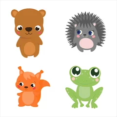 Fotobehang Cartoon forest animal characters. Wild cartoon animals collections vector. Bear, hedgehog, squirrel, frog © Tetiana