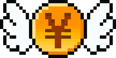 Pixel Yen, Yuan or Renminbi coin with wings - vector, isolated