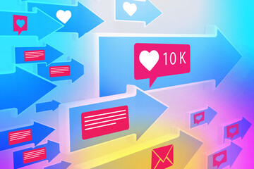 Social networks. Correspondence and likes on social networks. Arrows and labels of social networks. Communication on the Internet. Pink and blue theme of virtual communication. Magazine style collage