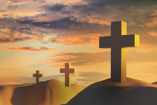 Three Christian crosses on the mountains. Symbols of Christianity on the background of the sunset sky. Crucifixes on the mountains. Catholic crosses. Worship of Jesus Christ. Christian faith. 3d image