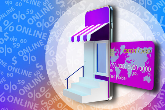 Online shopping. Online banner for purchases, mobile application templates. Online store in a smartphone. A conceptual image of an online store and a credit card. Trade, discounts, sales. 3d rendering