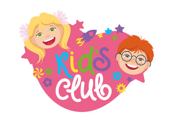 Obraz na płótnie Canvas Kids club logo with happy cheerfull faces of boy and girl and fun simbols. Vector illustration, isolated, cartoon. Emblem, icon, simbol, sticker for children's educational or entertaining project