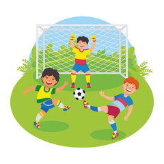Boys playing football uotdoors. Soccer, goalkeeper on the field. Children's sport school, summer camp, training, kids sport, shildhood. Vector illustration, cartoon characters, emblem, sticker, card