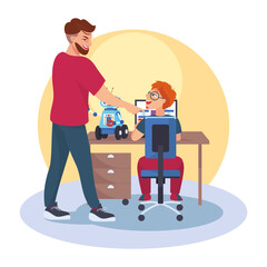 A young teacher explains to a child how to program a robot on a computer. Children's robotics club. Classes, school, technical education. Vector illustration, isolated, cartoon, character design