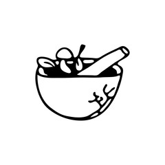 Doodle element for magic, Halloween. Hand-drawn image for various designs. Bowl of herbs