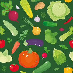 Vegetables seamless pattern. Vegetarian healthy food. Harvest, farm, agriculture, market. Fresh vitamins. Vector illustration, cartoon, background, texture, wallpaper, print for textile, fabric