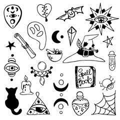 Doodle elements set for magic, Halloween. Hand-drawn image for various designs.