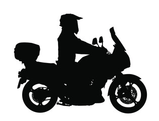 Obraz na płótnie Canvas Biker driving a motorcycle rides on asphalt road vector silhouette illustration. Freedom activity. Road travel by bike. Man on motorcycle with helmet silhouette. Boy motorbike rider. Freedom concept.