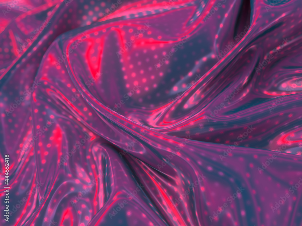 Poster 3d rendering digital illustration of rainbow-flowing silk material with a metallic pattern of shiny 