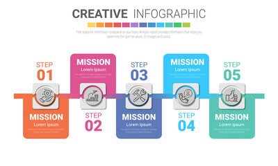 Presentation infographic template with 5 options, vector infographics design and marketing icons can be used for workflow layout, steps or processes.