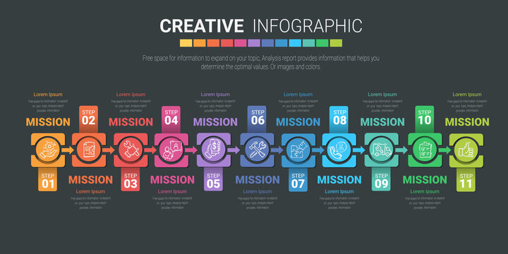 Infographic design template with numbers 11 option for Presentation infographic, Timeline infographics, steps or processes. Vector illustration