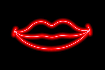 Red neon smiling lips on a black background. The contour of the women's lips. Kiss