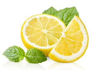 lemon slices and mint leaves on isolated white background