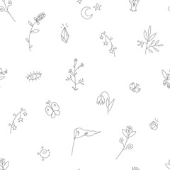 Seamless hand-drawn vector pattern, simple line fantasy flowers, moon, magical stones, outlines. Dark Grey lines on white background. For card, textile, wallpaper design, invitation.