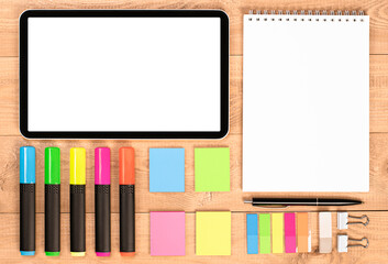 digital tablet, notepad, highlighters, stickers, eraser, paper clips. knolling concept