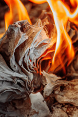 Burning pages on the background of ash. The book is on fire. flame. Charred and scorched paper. Burnt memories