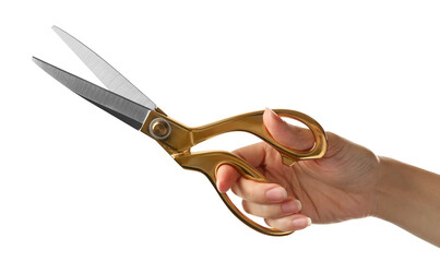 Woman holding tailor's scissors isolated on white, closeup