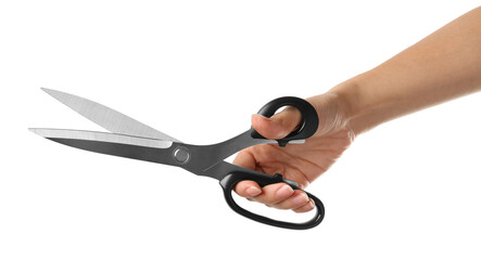 Woman holding tailor's scissors isolated on white, closeup - obrazy, fototapety, plakaty