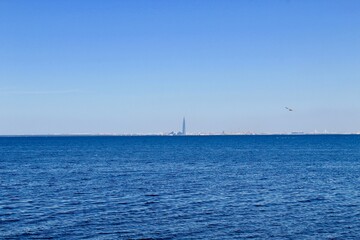St. Petersburg skyline view from the Gulf of Finland from Petrodvorets (Peterhof) Russia