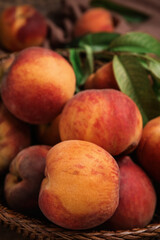 Fresh ripe juicy peaches in basket, closeup