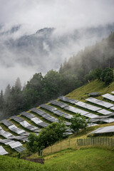 Solar, photovoltaic power station located on a mountain slope in the Alps. Foggy day, green pasture grass and blue skies and mountains create a fresh and ecological image.