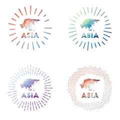 Asia low poly sunburst set. Logo of continent in geometric polygonal style. Vector illustration.