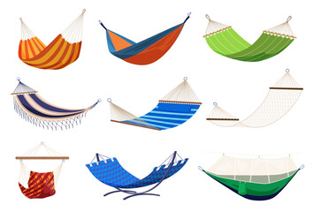 Collection of tissue hammocks vector flat illustration comfortable equipment for summer relaxation