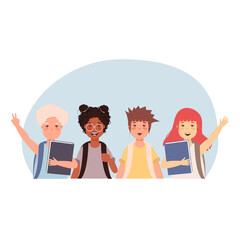 Set of boys and girls going to elementary or middle school .Back to school concept, children characters. Vector illustration in flat style