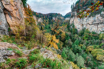 Beautiful scenic autumn landscape of fairy Caucasus forest by Mezmay village, Kurdzhips river gorge, Caucasus mountains, Russia.