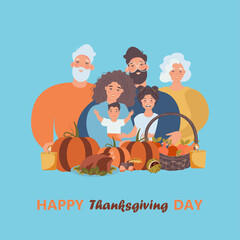 Thanksgiving inspired Holiday card with caucasian family celebrating Thanksgiving day turkey at the table. Vector flat design family Holiday weekend illustration for poster, card, banner.

 