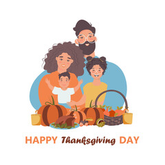 Thanksgiving inspired Holiday card with caucasian family celebrating Thanksgiving day turkey at the table. Vector flat design family Holiday weekend illustration for poster, card, banner.

 