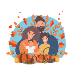 Thanksgiving inspired Holiday card with caucasian family celebrating Thanksgiving day turkey at the table. Vector flat design family Holiday weekend illustration for poster, card, banner.

 