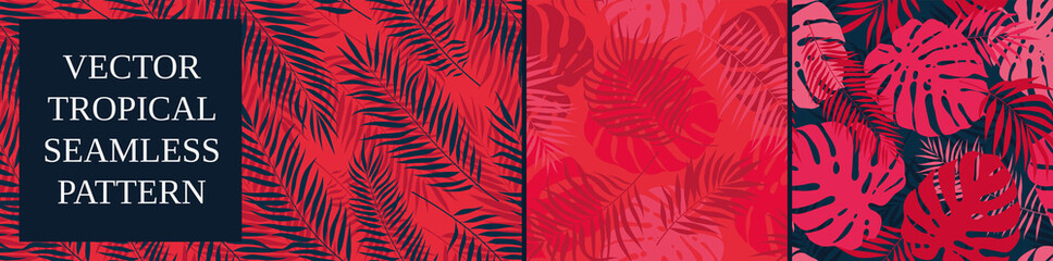 Set of seamless patterns with tropical exotic leaves and plants, vector botany composition in red blue colors