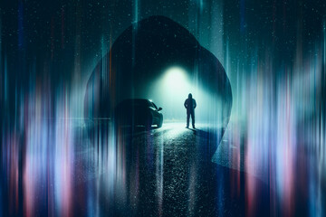 A lone figure next to a car, parked on the side of the road, underneath a street light. On a foggy winters night. Overlayered with a spooky hooded figure. With a neon, retro, vapor wave edit.
