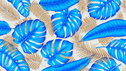 Nahtloses buntes Muster mit blauen und goldenen exotischen tropischen Pflanzen, Monsterblättern und Palmen, trendige exotische Vektorkomposition