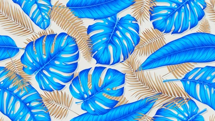 Foto op Plexiglas Blauw goud Naadloos kleurrijk patroon met blauwe en gouden exotische tropische planten, monsterabladeren en palmbomen, trendy exotische vectorsamenstelling