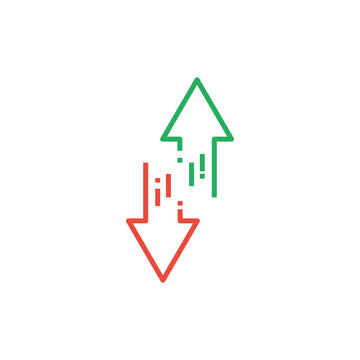 green up and red down double arrows in circle, outline vector icon