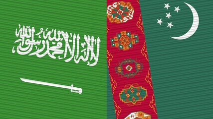 Turkmenistan and Saudi Arabia Flags Together Fabric Texture Illustration Background