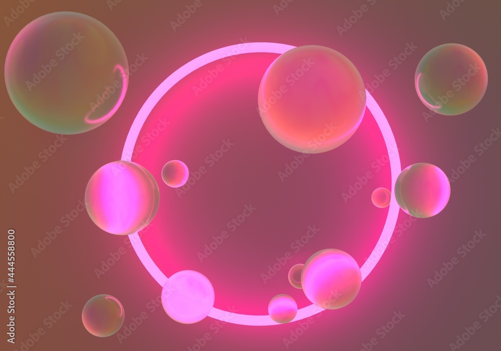 Aufkleber abstract surreal sci-fi background with floating glass spheres and neon circle. 3d illustration.