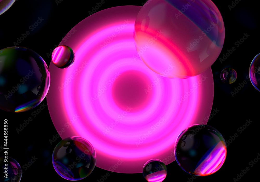 Poster abstract surreal sci-fi background with floating glass spheres and neon circle. 3d illustration.