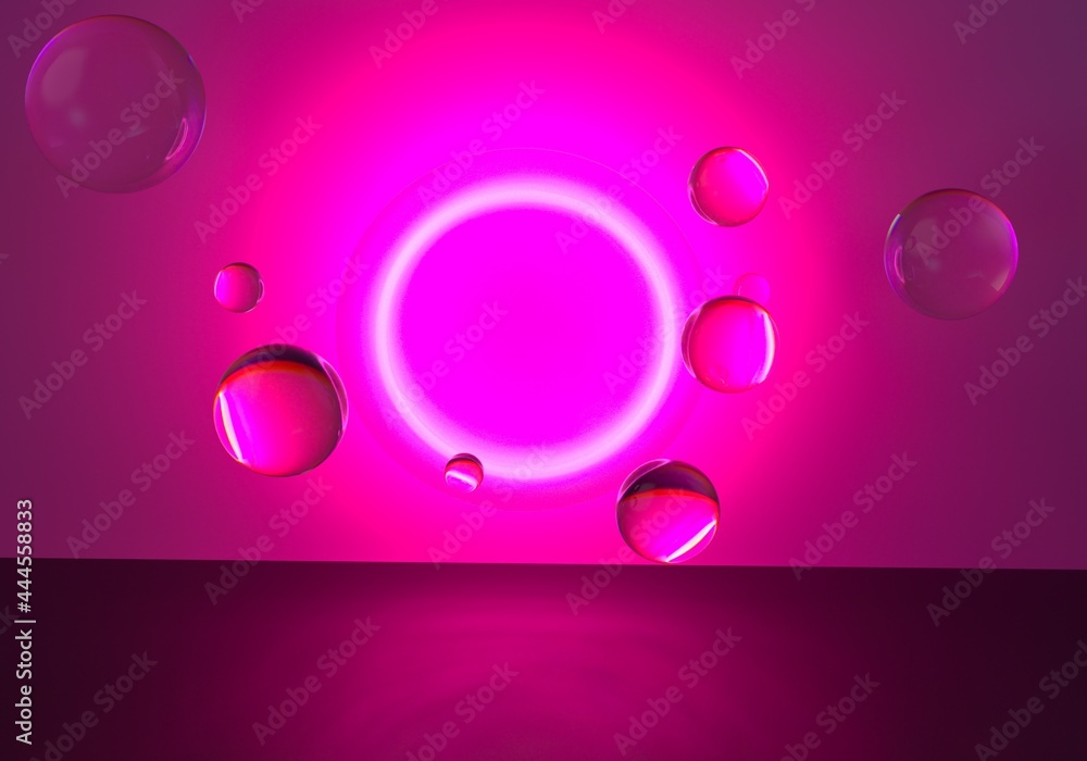 Poster abstract surreal sci-fi background with floating glass spheres and neon circle. 3d illustration.