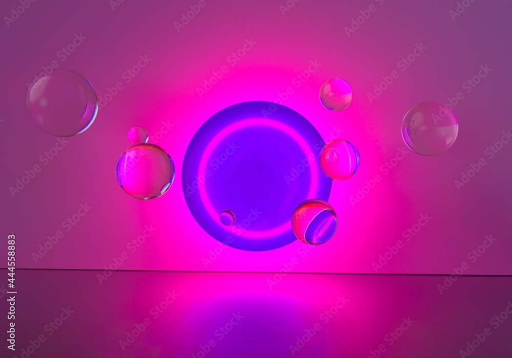 Poster abstract surreal sci-fi background with floating glass spheres and neon circle. 3d illustration.