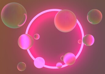 Abstract surreal sci-fi background with floating glass spheres and neon circle. 3D illustration.
