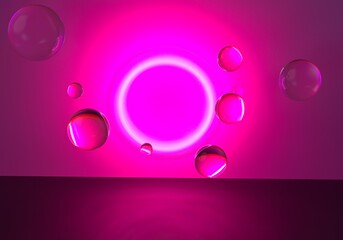 Abstract surreal sci-fi background with floating glass spheres and neon circle. 3D illustration.
