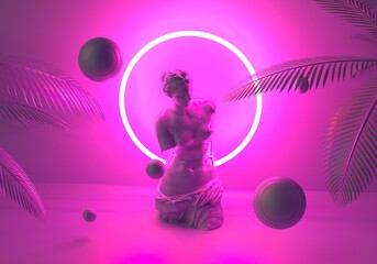 Surreal 3d illustration with floating spheres, neon ring and Venus bust. Retrofuturistic the 80's like style.  © local_doctor